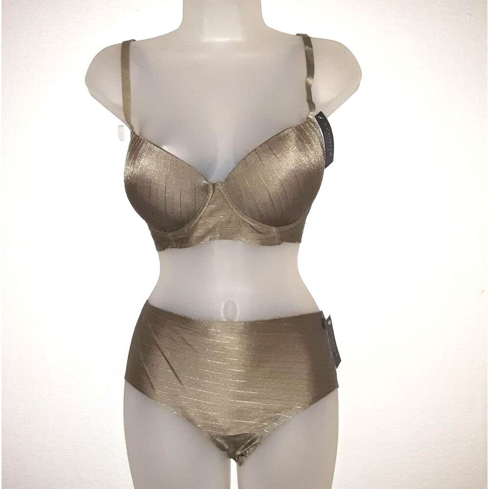 Youmita 36C Covert Green Jacquard Stripe Push Up Bra Large Seamless Panty NWT
